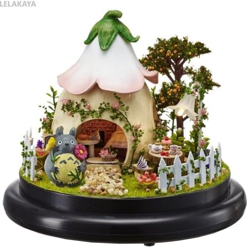 DIY Totoro Small Handmake Mini Doll House Wooden Miniature Assembling Dollhouse Glass Ball Decoration Kit Green Garden Dollhouse