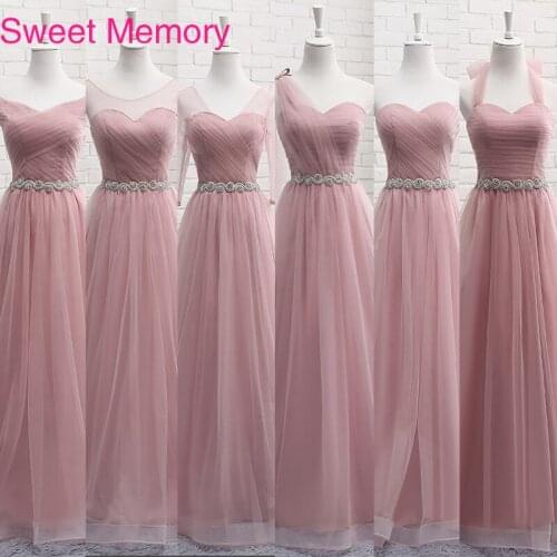 Sweet Memory Long Pink Bridesmaid Dresses Tulle Floor Length Crystal Waist Pleat Banquet Bride Sisters Party Dress Robe