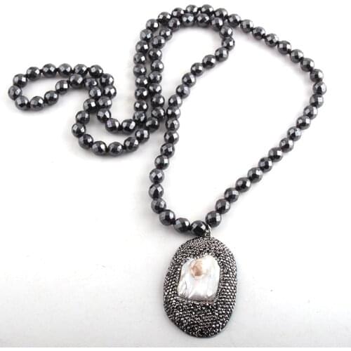 MOODPC Faceted 8mm Hematite Stone Long Knotted Handmade Crystal Paved Shell Drop Pendant Necklaces Women Ethnic Necklace