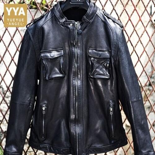Men Biker Stand Collar Sheepskin Coat Punk Zipper Genuine Leather Jackets Streetwear Casual Multi-Pockets Cargo Jacket M-3XL