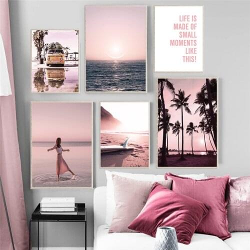 Pink Sunset Bus Beach Sea Palm Tree Nordic Posters And Prints Wall Art Canvas Painting Wall Pictures For Living Room Decor