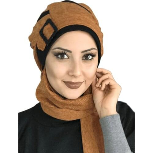 New Fashion 2021 Women Headscarf Scarf Kerchief Hat Bone Hijab Islamic Clothing Okra Passionflower Black Striped Beret Shawl