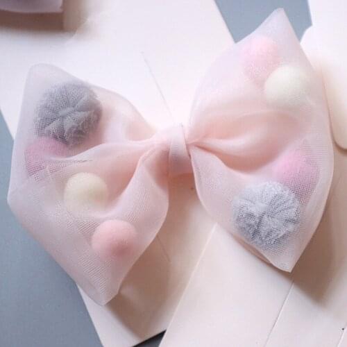Korean New Princess Style Colorful Plush Ball Net Yarn Lace Bow Duck Bill Clip Side Clip Hair Accessories Pink