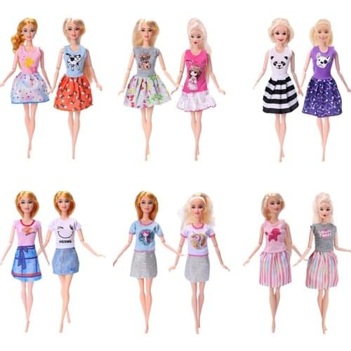 Doll Barbies Clothes 2 Pcs / Lot Handmade Doll Dress For Barbie Doll Casual Daily Wear Twins Outfit Skirt Kids Toy