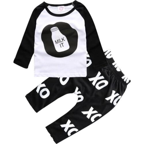 100% Cotton Baby Boy Clothes Letters Striped Long Sleeve T-shirt Tops+Pants Trousers Set 2pcs Toddlers Kids Suit Girls Outfits