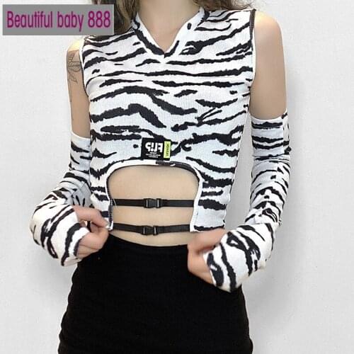 Meqeiss Autumn Fashion Hollow Out Backless Bandage V-Neck Exposed Crop Tops 2021 Sexy Strapless Half Sleeve Zebra Print T-shirts