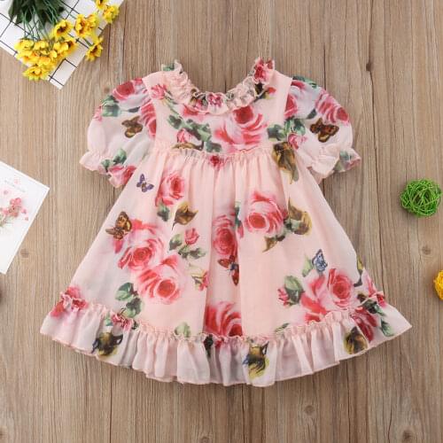 1-5 Year Summer Cute Baby Girl Dresses Printed Flower Short Flare Sleeve Tulle Tutu Dress Birthday Party Girls Clothes