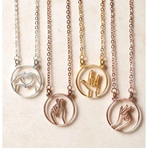 Multiple Gesture Necklace Pendant Funny Jewelry Stainless Steel Circle Optional Hand Sign Language Necklace BFF Gifts