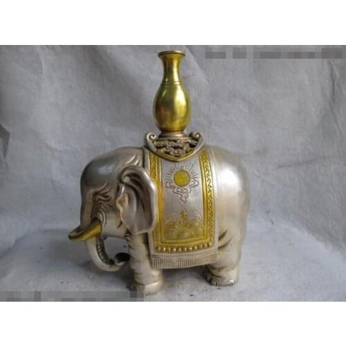 Song voge gem S0182 10 China White Copper Silver Gilt peace Auspicious bottle on Elephant God Statue