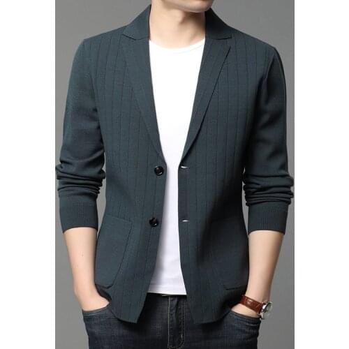 Men Knitted Cardigan Jacket Korean Blazer Coats Men Clothing 2021 New Style Brand Casual Fashion Slim Fit Stripe Classic Suit