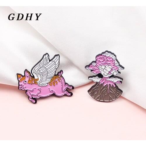 GDHY Pink Flying pig Volcano Enamel Pin Pink Angel Pig Peak Cloud Brooches Backpack Clothes Badge Jewelry For Kids Brooch