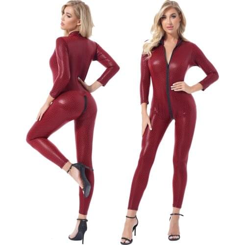 Sex Women Club Dance Jumpsuit Costumes Plaid Patent Leather Bodysuit Sexy Skinny Zipper Latex Catsuit Jumpsuits Night Clubwear