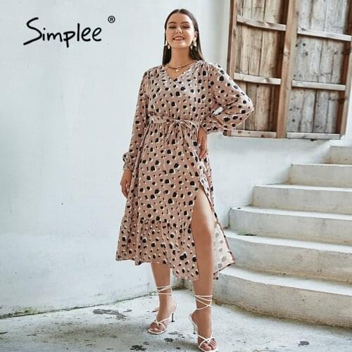 Simplee Office plus size leopard printed A-line women dress V-neck sash maxi dresses Autumn lace up long sleeves female vestidos