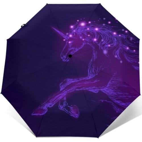 Wind Resistant Fully-Automatic Umbrella Purple Horse Unicorn Rain 3 Folding Parasol Travel Car Umbrella