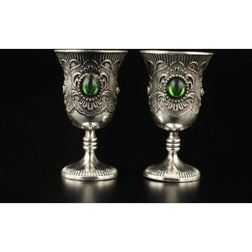2.8" 4pcs Vintage Handmade Collection Tibet Silver Unique Emerald Wine Cup Garden Decoration 100% real Tibetan Silver Brass