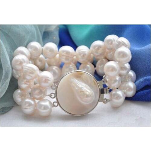 Perfect luck pearl jewellery,3rows 8inches Big Size 13mm White Round Freshwater Pearl Bracelet,Shell Clasp