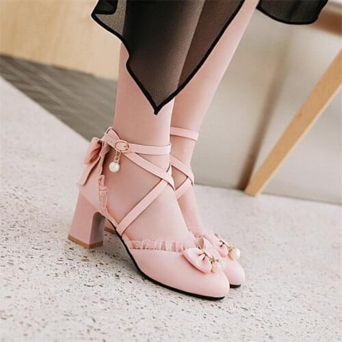 Mid Heel Sweet Girls Female Kawaii Japanese Cute Anime Lolita Shoes Woman Harajuku Feminine Bowknot Pearl Pointed Toe Cosplay