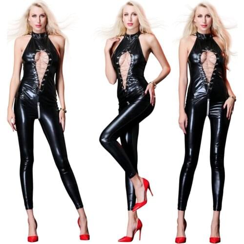 Lady Sexy Black PVC Hollow Out Faux Leather Latex Zentai Catsuit Wetlook Jumpsuit Halter Chain Lace Up PU Bodysuit Club Wear