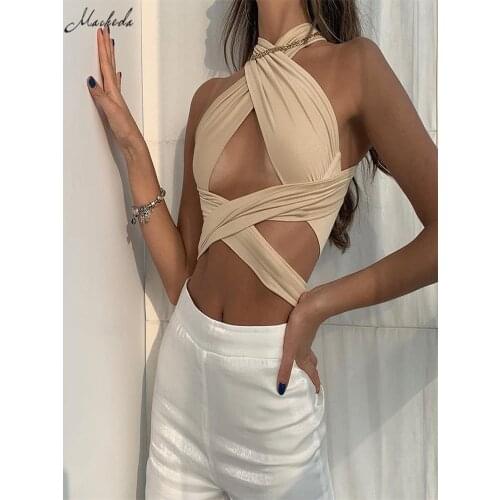 Macheda Autumn Solid Sexy Backless Crop Top Women Sleeveless Cross Hollow Out Fashion Clothing Lady Khaki Tank Top 2020 New