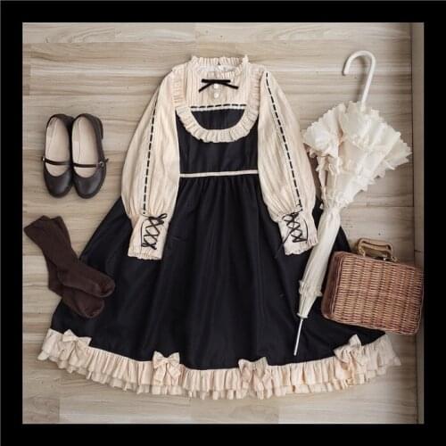 French Palace Style Princess Womens Lolita Dress OP Long Sleeve Dress Cute Fairy Kei Fancy Party Dress One Piece Color Black