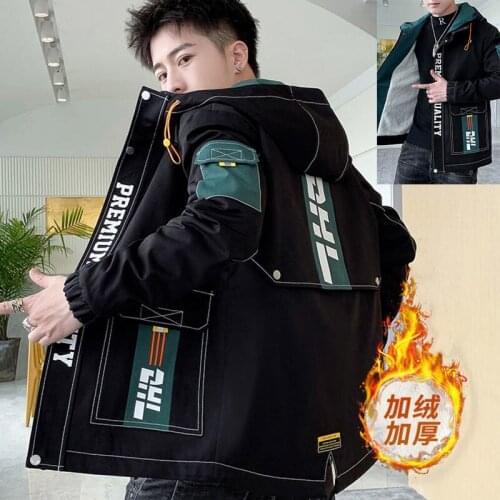 Winter Jacket Trendy Tooling Jacket Hooded Loose Mens Plus Velvet Gown