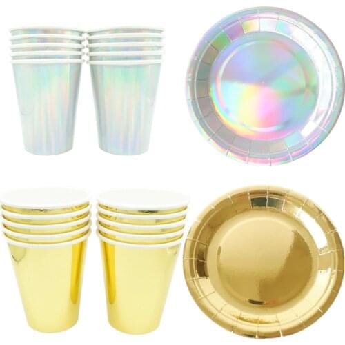 10pcs/set Gold Foil Disposable Tableware Christmas New Year Party Paper Plates Cups Birthday Party Supplies Plastic Straws