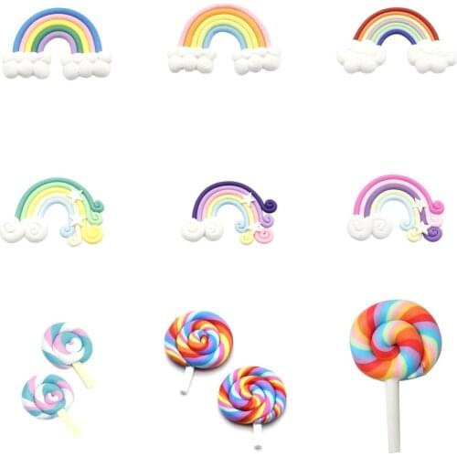 20pcs Kawaii Rainbow Lollipop Polymer Clay DIY Soft Slime Flatback Scrapbook Photo Frame Decoration Kids Toy