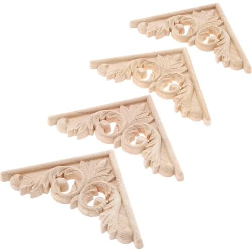 4pcs/set 11cm Vintage Natural Wood Carved Decal Corner Onlay Triangle Applique Frame Furniture Wall Unpainted Decor 3D Flower
