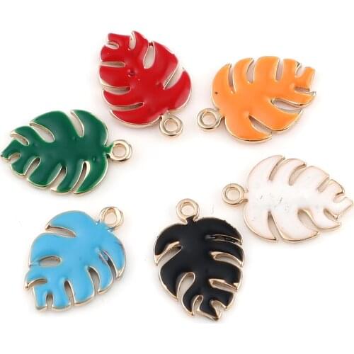 5PCs Copper Enamelled Sequins Plant Leaves Pendant Double Faced Enamel Monstera Charms Gold Color For DIY Jewelry Making 13x 9mm