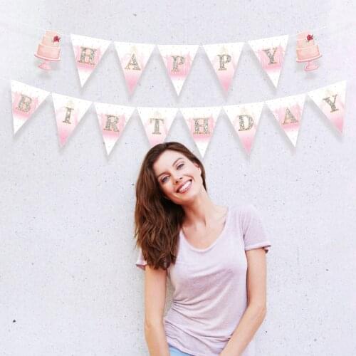 BA275 Lady Birthday Party Theme Pink Rose Gold Luxury Triangle Paper Hanging Banner Bunting for 20 th 30th Queen Birthday Party