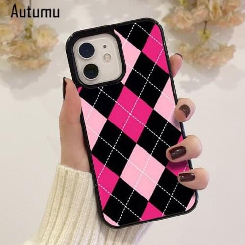 Phone Case for iPhone 12 mini X XS XR 11 Pro Max SE 2020 5 6S 7 8 Plus Samsung S9 S10 S20 S21 Argyle Print Black and Pink Cover