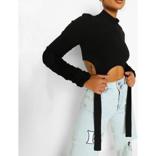 DSMTRC 2021 Spring Autumn Womens T Shirt Long Sleeve Ruched Bandage Sexy Tees Skinny High Waist Casual Streetwear Outfit Female