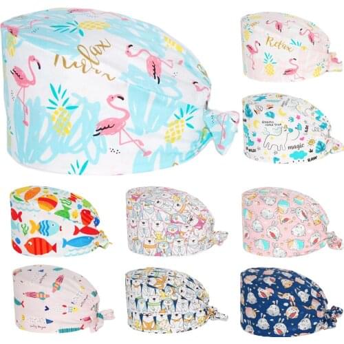 New Doctor Scrub Hats Cotton Adjustable Pet Health Nursing Hat Nurse Uniform Accessories Anime Printing Pet Working Surgery Caps
