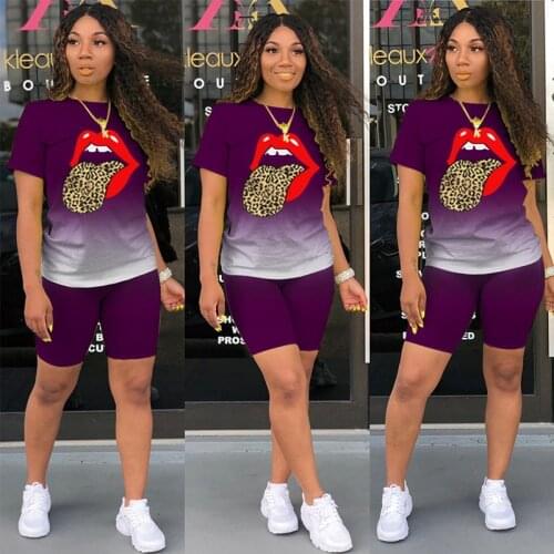 TNNAOFF Plus Size Two Piece Tracksuits Women Set Gradient Lip Print Short Sleeve T Shirt Sexy Shorts Lounge Wear Matching Sets