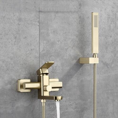 Brushed Gold Bathroom Bathtub Shower Faucets Set Soild Brass Rotating Hot & Cold Taps Mixer With Handheld Wall Mounted Black