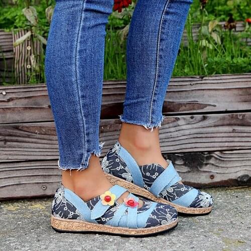 Fashion Flower Soft Bottom Design Round Toe Mix Color Flat Shoes Vintage Leather Women Bohemian Flats Shoes