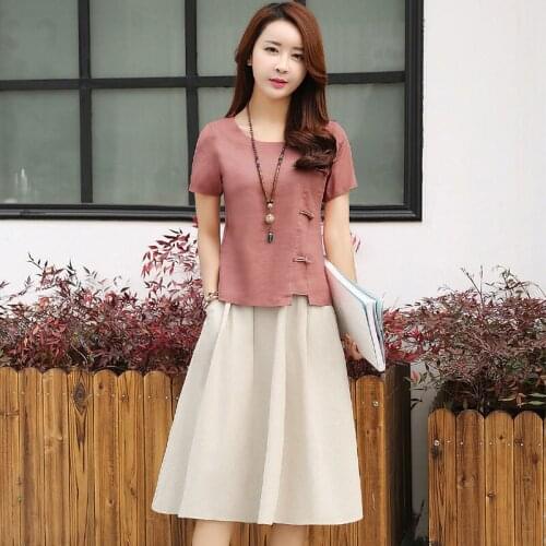 Cotton Linen Fashion Suit Skirt Womens Summer 2021 New Female Short-Sleeved Round Neck Two-Piece Mid-Length T-Shirt Skirts Set