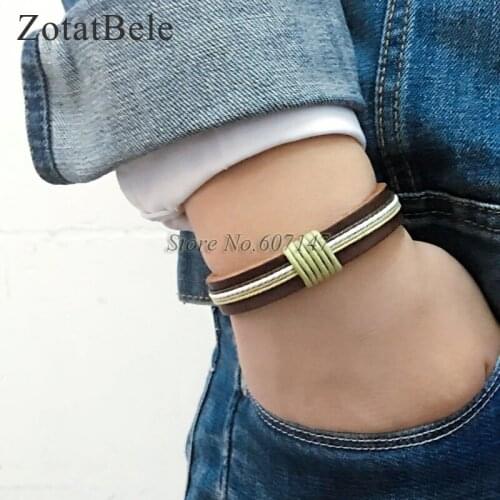 6pcs/lot Twist Handmade Bangle pulseira masculina Wrap Brown Retro Genuine Leather Bracelet Men with Braided Rope PT12