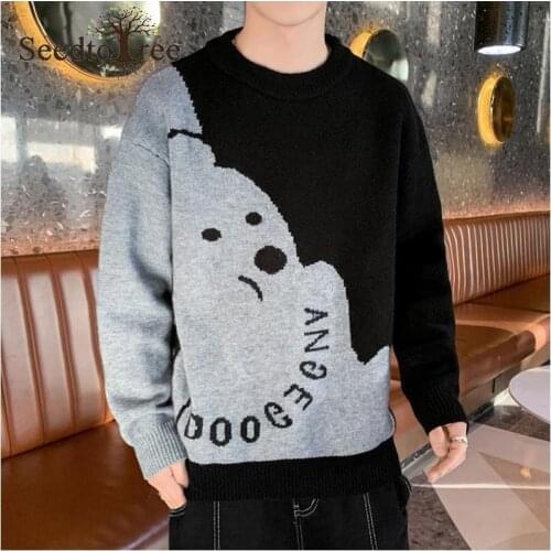 Autumn and winte Bear Pattern Casual Mens Sweater Long Sleeve Round Neck Pullover Couple Top