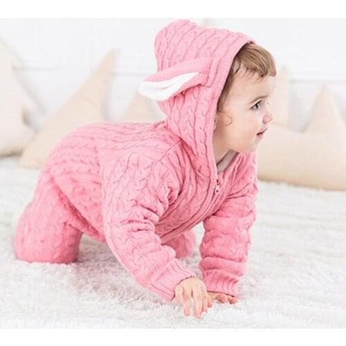 IYEAL New Arrival Cute Rabbit Ear Hooded Thick Warm Knitted Baby Rompers Infant Girl Boys Jumpers Kids Toddler Outfits Clothes