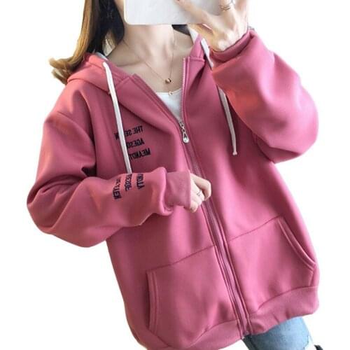 Autumn And Winter Thickened Plus Velvet Loose Ladies Hoodie Korean Version Of The Large Size Zipper Alphabet Casual Girl Coat