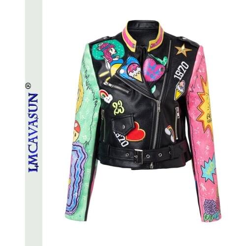 LEIMEICHEN Autumn graffiti studs rivet beading Women pu Leather Jacket Punk Style Motorcyle leather Jackets Coats Streetwear
