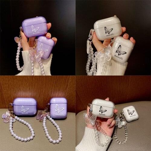 Dreamy butterfly TPU Glitter Case for AirPods 1 2 Soft Earphone Case Cover for Apple Air Pods Pro 3 Charger Box Pearl Key Ring