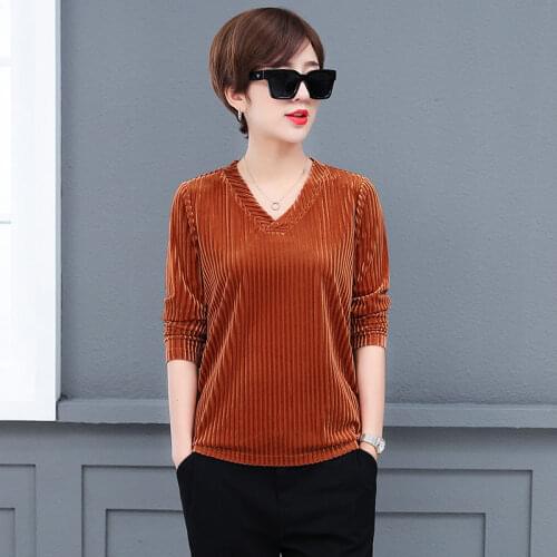 Tunic Women Work Velvet Top Stripe Shirt Long Sleeve V Neck Autumn Winter Basic Tee Shirts Solid Color Elegant Ladies Casual