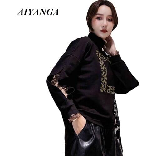 2019 Spring Hoodies Women Sweatshirts Patchwork Leopard Hollow Long Sleeve Pullover Sweatshirts Womens Moletons Tops Outerwear