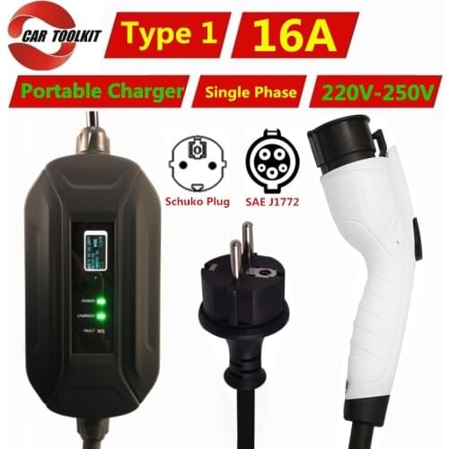 16A Type 1 Portable EV Charging Box Cable Schuko Plug SAE J1772 Home Electric Vehicle Car Charger Station EVSE 3.6KW 220V-250V