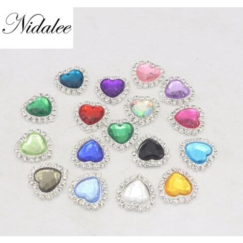 18mm Heart Acrylic Flatback Rhinestone Decorative Buttons DIY Wedding Accessories Metal Flat Botton 10pcs Pack