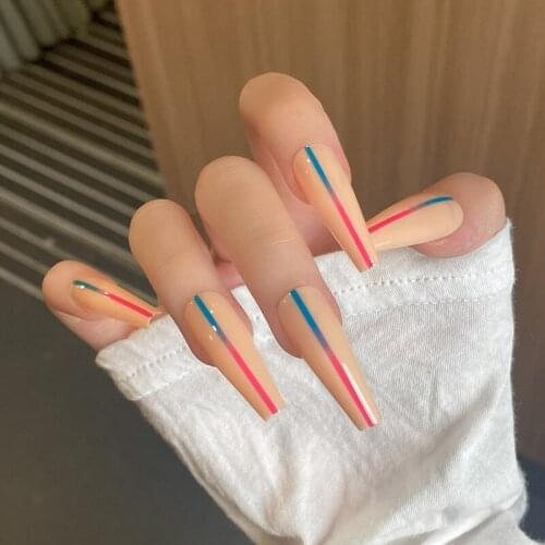 24pcs Blue Red Lines Nail Patch Glue Type Removable Long Paragraph Fashion Manicure Save Time False Nail Patch TO