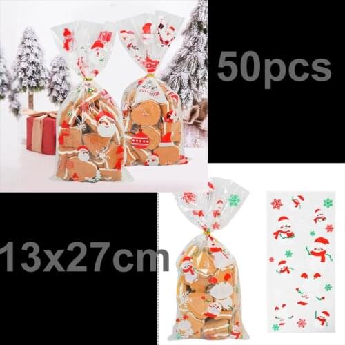 50Pcs Xmas Cookie Packing Plastic Bags Christmas Cellophane Party Bags Treat Candy Bag Festival Party Favor Gift