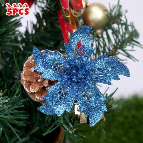 5X Christmas Gold Royal Blue Red Pink Large Poinsettia PE Glitter Powder Glitter Flower Tree Hanging Party Xmas Decor